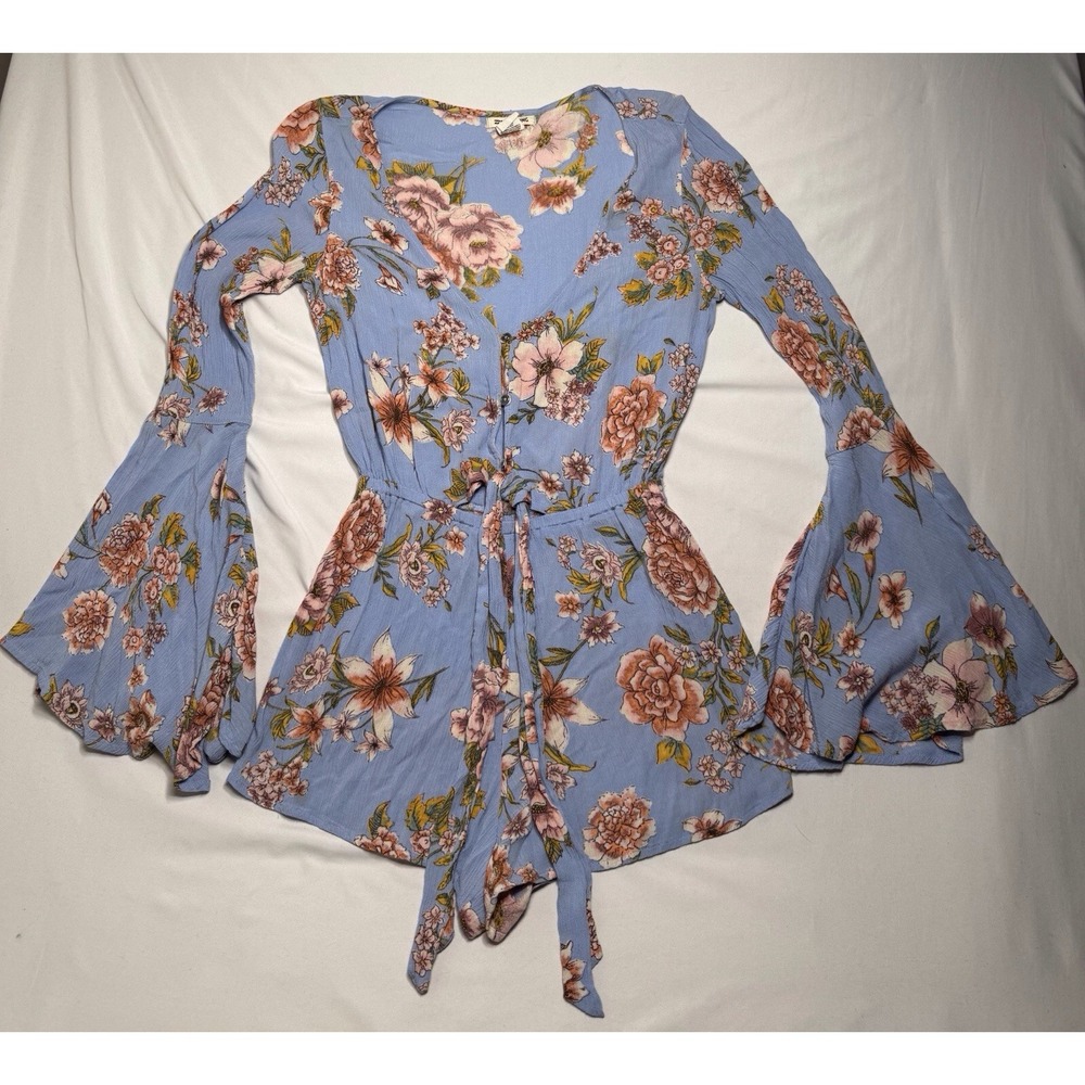 Billabong Sitting Pretty Romper Blue Floral Flare Sleeves V Neck Boho Size Small